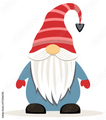 Adorable Holiday Gnome Character with Tall Striped Hat Long White Beard and Blue Tunic