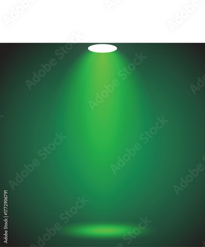 Green spotlight shining down on a dark background with a bright circle beam