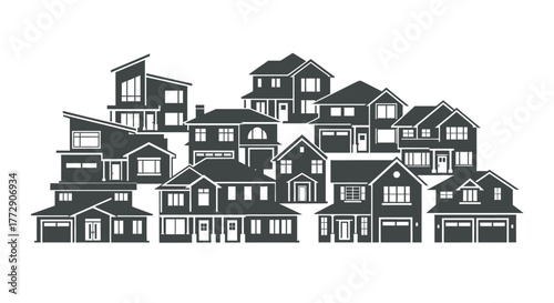 A diverse collection of residential houses, showcasing various architectural styles and designs, representing suburban neighborhoods.