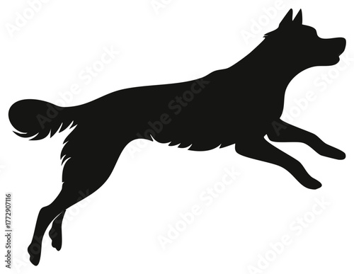 Athletic dog silhouette in mid stride isolated on white background showing motion
