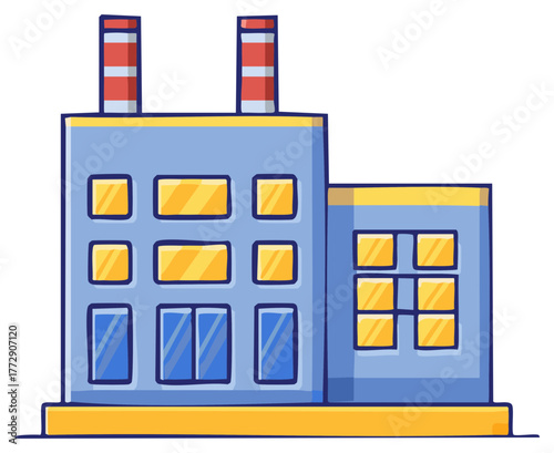 Blue industrial factory building with two striped smokestacks. Simple cartoon doodle illustration.