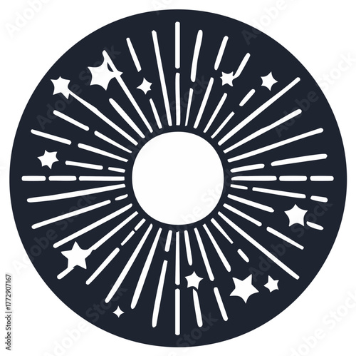 Abstract Sunburst with Stars Decoration Minimalist Illustration in Circular Frame