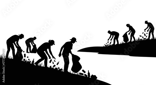 Silhouettes of Dedication: A group of volunteers diligently collects litter along a shoreline, exemplifying their commitment to environmental preservation and community service.