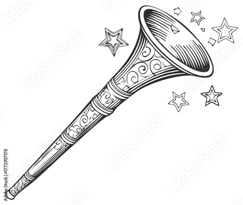 Ornate Musical Horn with Stars Illustration