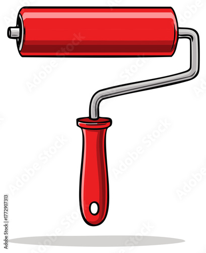 Paint roller vector illustration showing a red foam roller with handle, art for interior design or decoration.