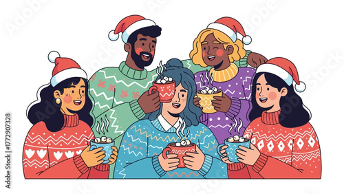 Festive Cheer with Cocoa Delight: A joyful group, adorned in holiday attire, shares warmth and laughter while enjoying mugs of rich cocoa, a perfect scene of holiday bliss and shared moments.