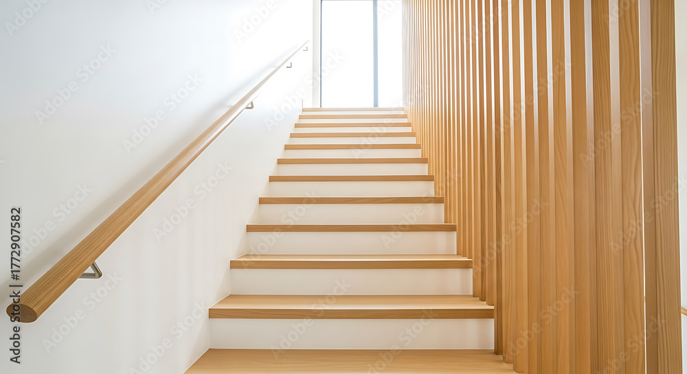 Obraz premium Modern wooden staircase with natural light and decorative wooden paneling