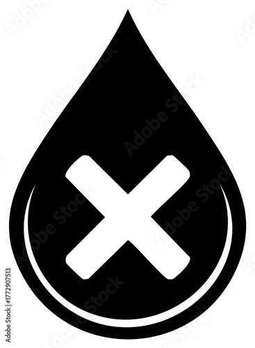 Black and white water drop icon with an 'X' symbol, representing prohibition