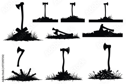 Silhouette axes and wood piles on grass vector