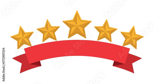 A red banner curves below five golden stars, symbolizing a perfect rating.