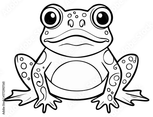 Cartoon frog illustration with black outlines, a cute vector toad with big eyes, spotted pattern, and smooth belly isolated