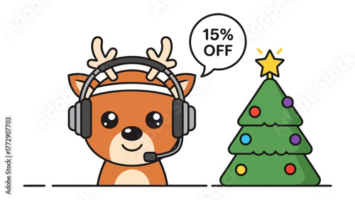 Christmas Customer Service: A friendly reindeer with headset cheerfully announces a festive discount by a decorated Christmas tree. The illustration radiates holiday cheer and customer appreciation.
