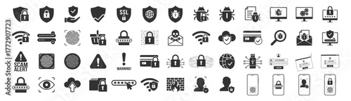 Cyber security icon set. Data protection, privacy, password, antivirus, firewall, spam, phishing and hacker symbols. Vector illustration on transparent background