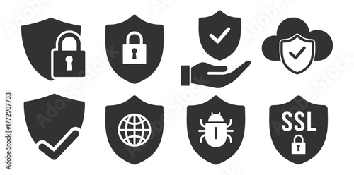 Shield security icons set. SSL protection and verified safety symbols on transparent background