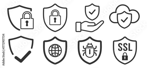 Shield security icons set. SSL protection and verified safety symbols on transparent background