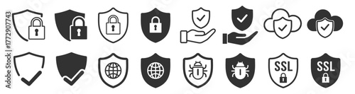 Shield security icons set. SSL protection and verified safety symbols on transparent background
