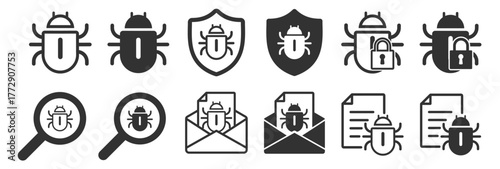Bug and virus icon set. Malware, phishing and cyber threat symbols on transparent background
