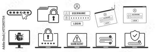 Password and login security icons set. Phishing alert and cyber protection symbols on transparent background