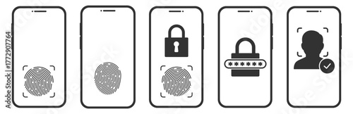 Mobile security icons set. Biometric fingerprint and face ID protection symbols on transparent background