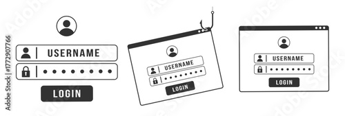Password and login security icons set. Phishing alert and cyber protection symbols on transparent background