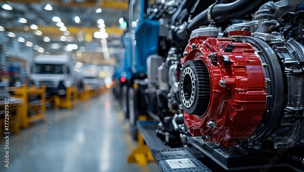Obraz premium Close-up of a Red Truck Engine on the Assembly Line in a Modern Vehicle Manufacturing Factory, Automotive Industry