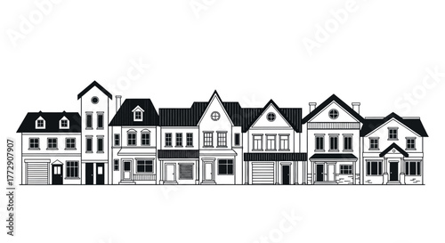 A row of diverse architectural styles of residential houses and shops are lined up against a white background, showcasing a charming streetscape.