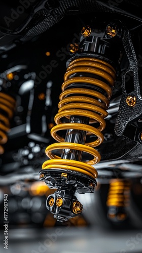 Close-up of High-Performance Motorcycle Suspension System with Yellow Spring and Carbon Fiber Frame, Automotive Engineering and Design