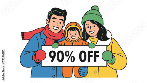 Family Winter Sale: A cheerful family bundled in winter attire gleefully displays a sign advertising a fantastic 90% off sale, evoking feelings of joy and excitement. 