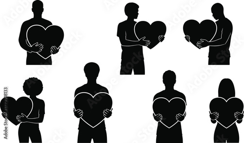 Silhouette people holding heart illustration, love, care, kindness, compassion, unity, support, charity, emotional connection, empathy, relationship, vector art design
