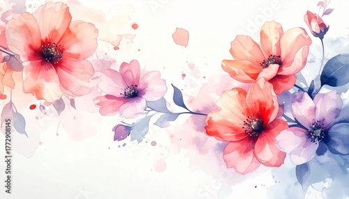 Abstract bouquet of spring flowers with flowing watercolor ink wash, gentle pink and blue petals on a clean white background