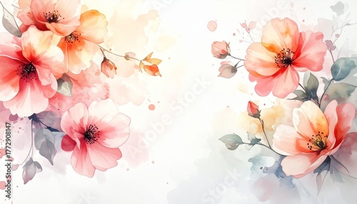 Delicate watercolor floral arrangement showcasing vibrant pink and peach blooms with soft green foliage, perfect for elegant invitations and romantic backgrounds