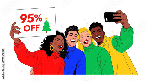 Holiday Promo Selfie: A cheerful group, representing diverse backgrounds and styles, gathers for a festive selfie, playfully advertising a fantastic holiday discount with smiles and laughter.