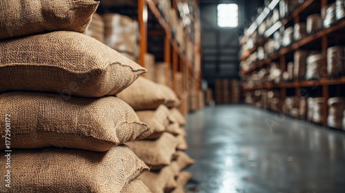 Stacked Burlap Sacks in Warehouse, Rows of Shelves Filled with Goods, Logistics and Supply Chain Management, Industrial Storage and Distribution