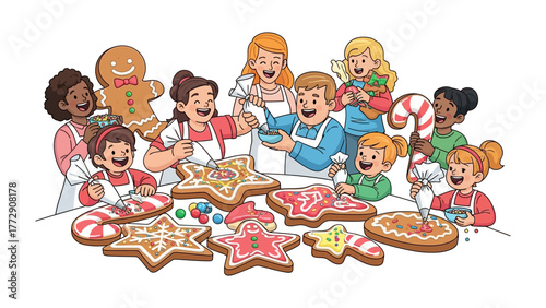 Holiday baking bliss: A group of diverse people come together in a warm kitchen, engrossed in decorating festive Christmas cookies, creating cherished memories.