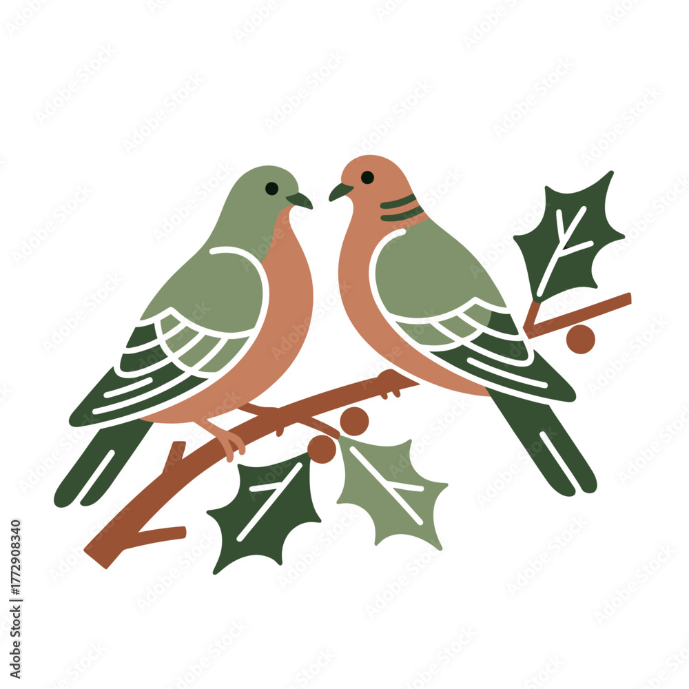 Obraz premium Charming pair of doves perched on a festive holly branch, evoking feelings of peace, love, and the holiday spirit