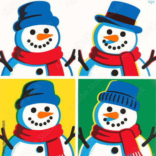 Four cheerful snowmen in colorful pop art style, ready to bring winter joy and festive cheer to your holiday designs and seasonal promotions.
