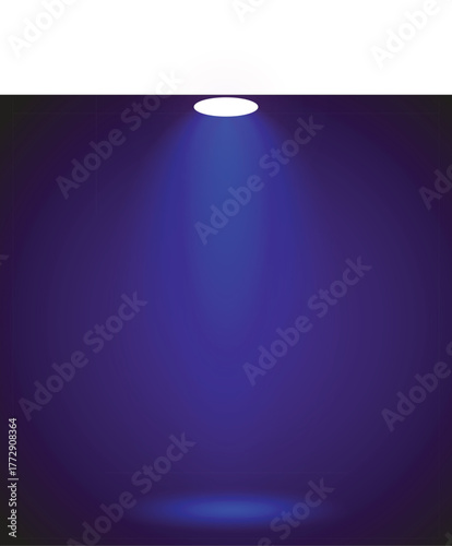 Spotlight shining with blue light on a dark blue background beam stage