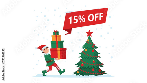Festive Elf's Delivery: An industrious elf, bearing gifts, scurries through a snowy landscape, a Christmas tree standing tall, with a banner proclaiming a 15% discount.