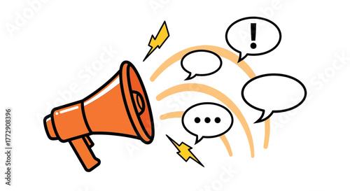 An orange megaphone emits sound waves and speech bubbles, signifying communication and announcements.