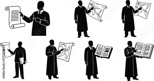 Historical scholars studying maps and ancient manuscripts, education and research concept, black and white silhouette art, knowledge exploration vector illustration design