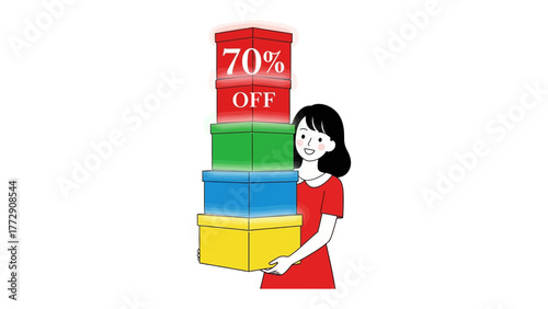 Shopaholic with Deals: A young woman joyfully carries a stack of colorful boxes, each offering a generous discount, highlighting the excitement of shopping and unbeatable deals.