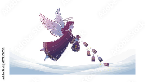 Angel's Blessing: An angelic figure, with luminous wings and a halo, descends from above, bestowing gifts upon the earth in a moment of celestial grace.