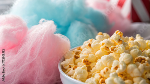 Cotton candy popcorn sweet pastel fluffy melted snack bowl carnival fair concession food joy fills air with warm light and tasty fun