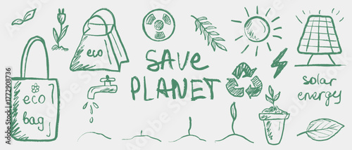 Hand drawn eco set. Vector sketch illustration in playful crayon style with green accents. Includes eco bag, solar panel, faucet, recycling, plants, sun, and Save Planet text. Ecology day banner.