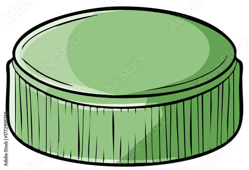 Green object with ribbed edge, cylindrical shape, solid color surface, vector design illustration