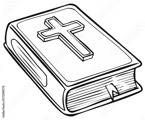Line art illustration of a religious book with a cross on the cover