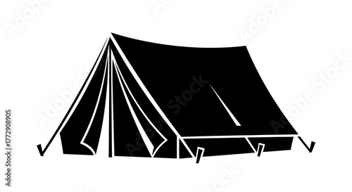 A black silhouette of a canvas tent is set up for camping, suggesting an outdoor adventure.