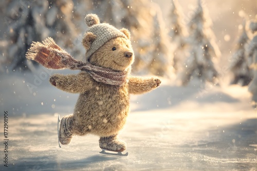 Sweet Little Bear Enjoying a Snowy Day on the Ice Rink