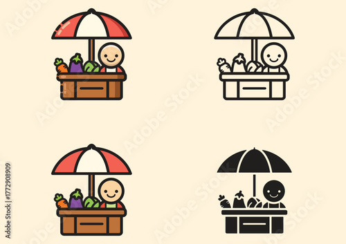 Cartoon illustration of a vegetable stall with a smiling seller under a red umbrella. Includes colorful, outline, and solid versions. Perfect for market, food, farming, and grocery themes.