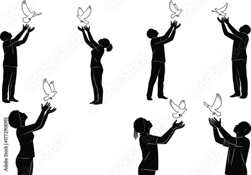 People releasing doves in the air, peace freedom and hope concept, symbolic bird release gesture silhouette, cad drawing flat vector illustration